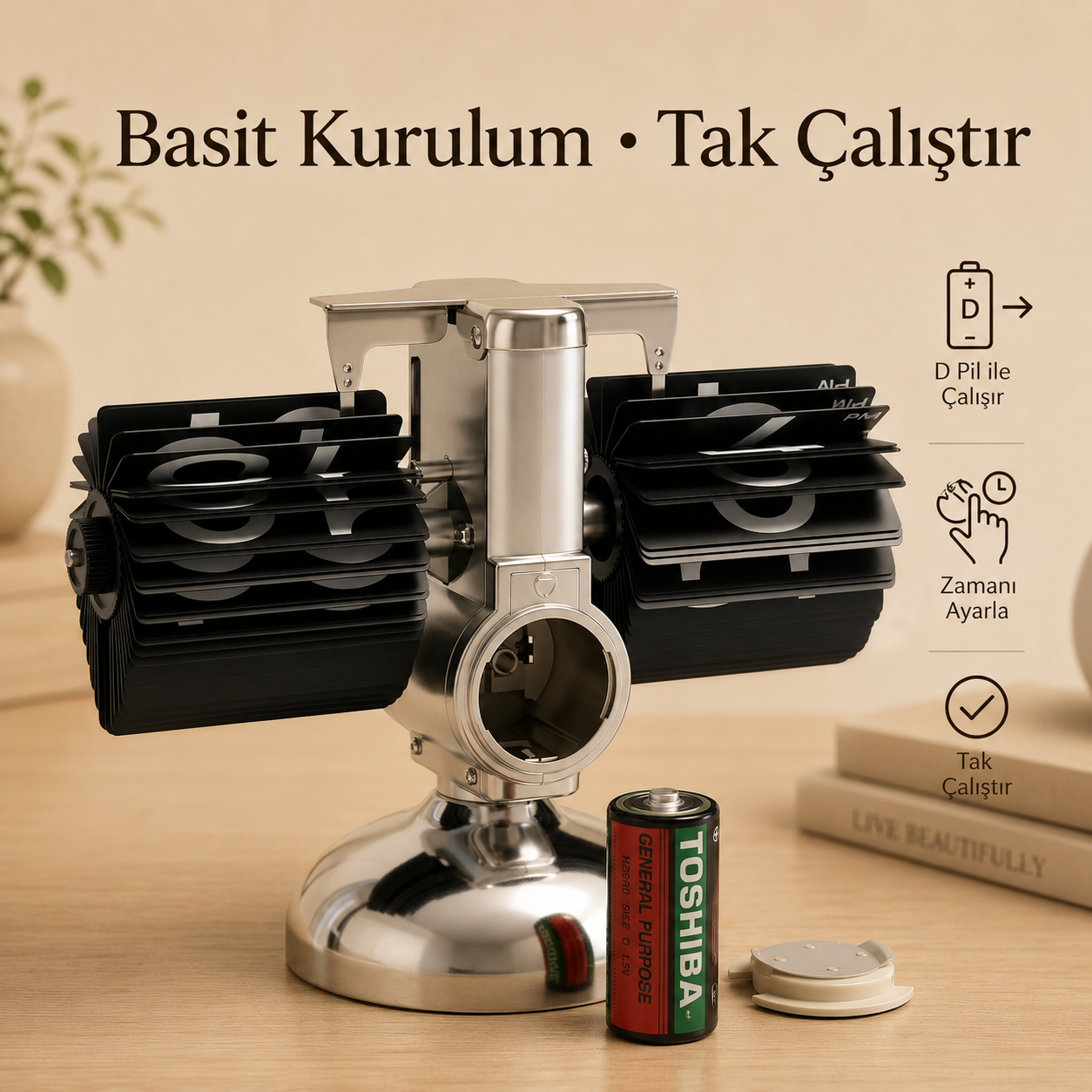 Retro Flip Masa Saati – Mekanik Kartlı, Metal Gövdeli, Sessiz Pilli Dekoratif Saat