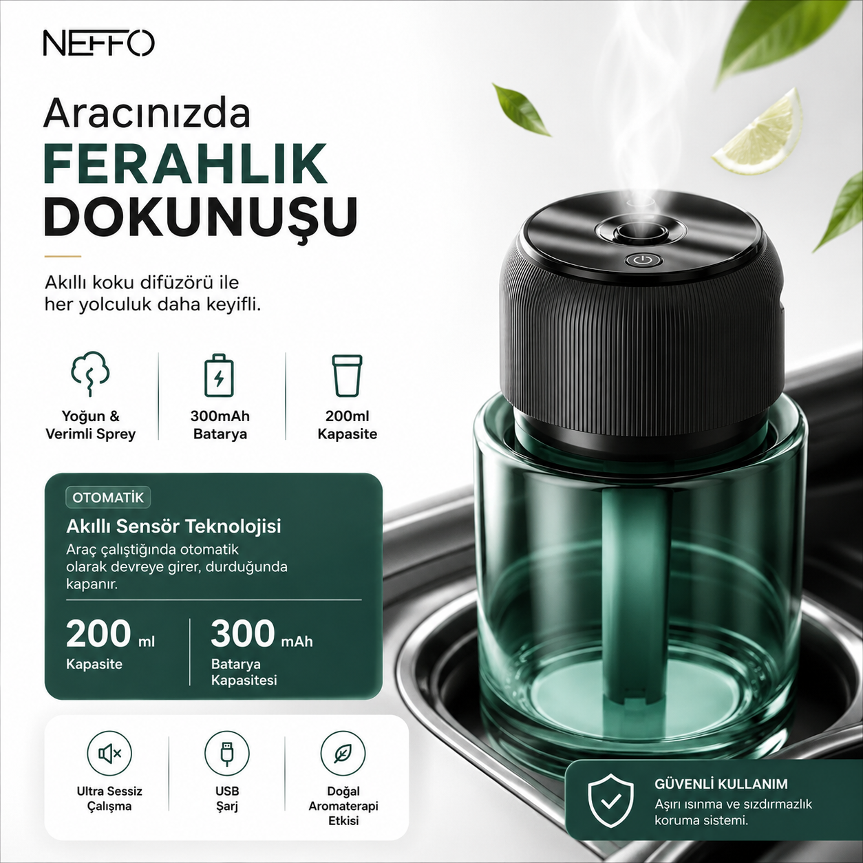 NEFFO Akıllı Araç Koku Difüzörü | Ultrasonik Aroma Yayıcı, USB Şarjlı, 200ml