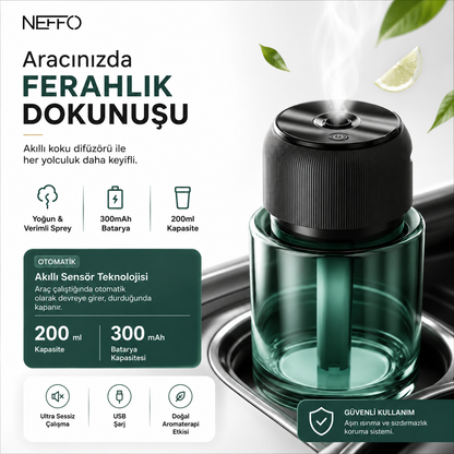 NEFFO Akıllı Araç Koku Difüzörü | Ultrasonik Aroma Yayıcı, USB Şarjlı, 200ml