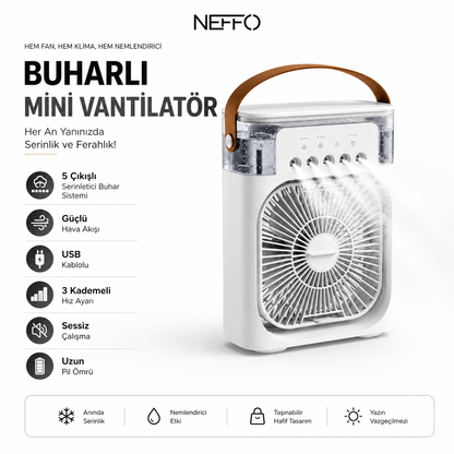 NEFFO 3'ü 1 Arada Buharlı Soğutucu Fan | Nemlendirici, Klima Etkili ve Taşınabilir Mini Fan