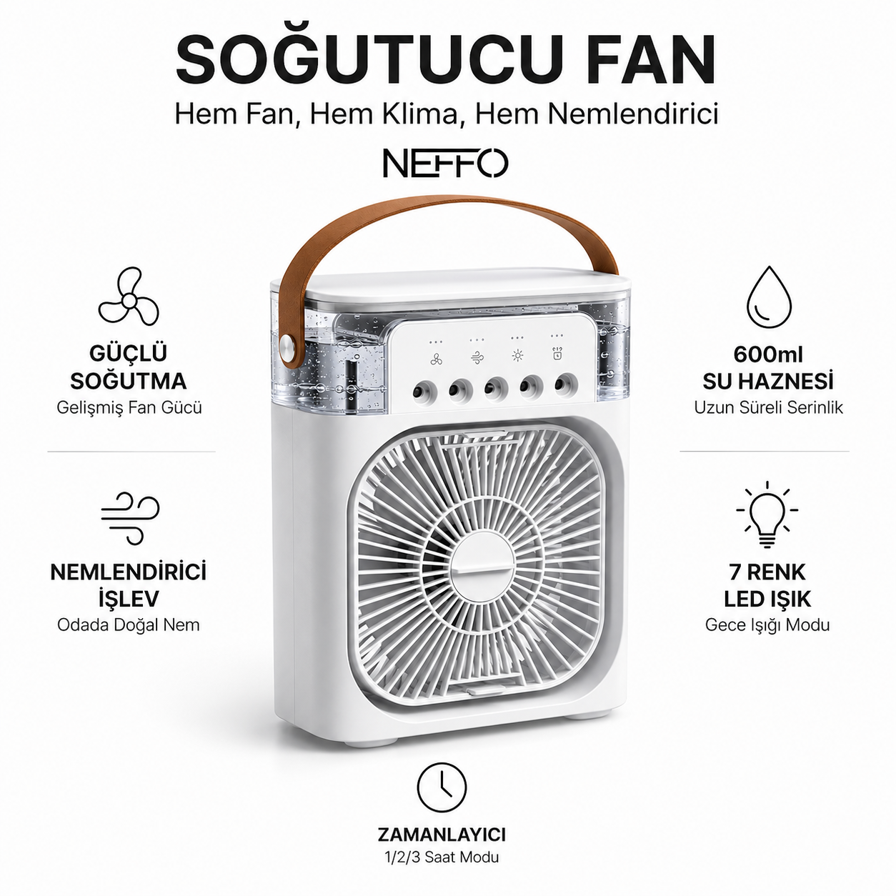 NEFFO 3'ü 1 Arada Buharlı Soğutucu Fan | Nemlendirici, Klima Etkili ve Taşınabilir Mini Fan