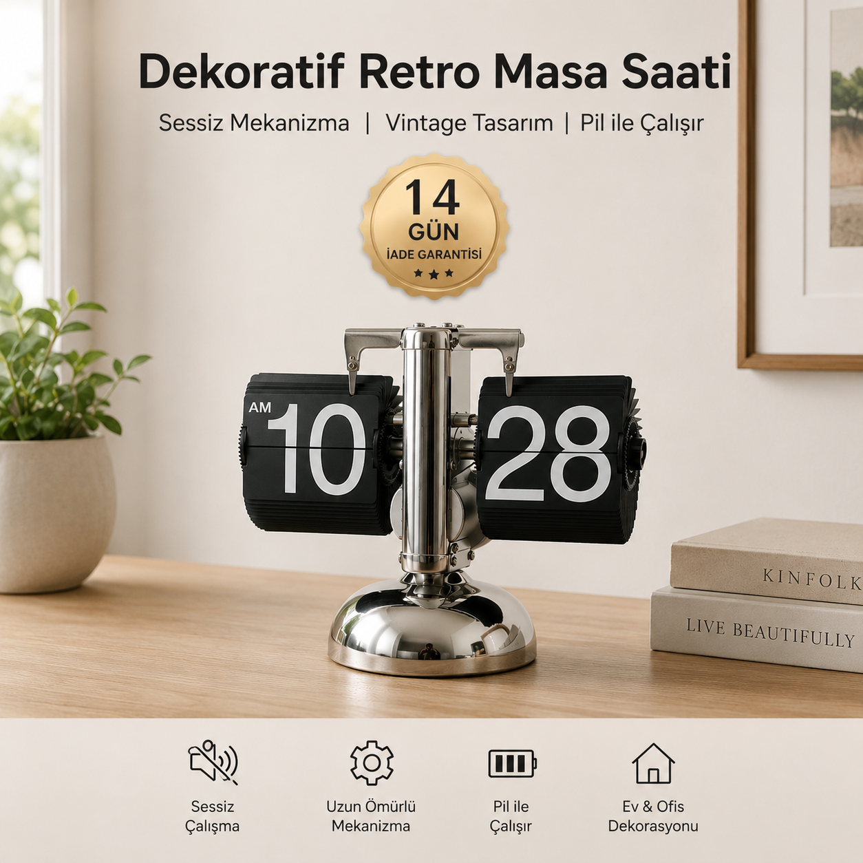 Retro Flip Masa Saati – Mekanik Kartlı, Metal Gövdeli, Sessiz Pilli Dekoratif Saat