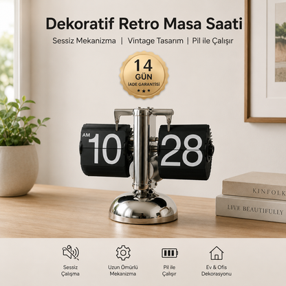 Retro Flip Masa Saati – Mekanik Kartlı, Metal Gövdeli, Sessiz Pilli Dekoratif Saat