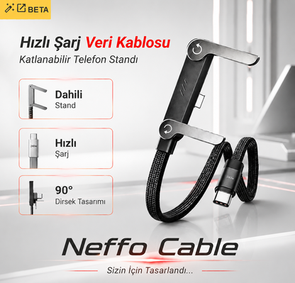 Neffo Cable 240W Hızlı Şarj ve Veri Kablosu | Katlanabilir Standlı, 90° Dirsekli, Oyun Dostu Type-C Kablo
