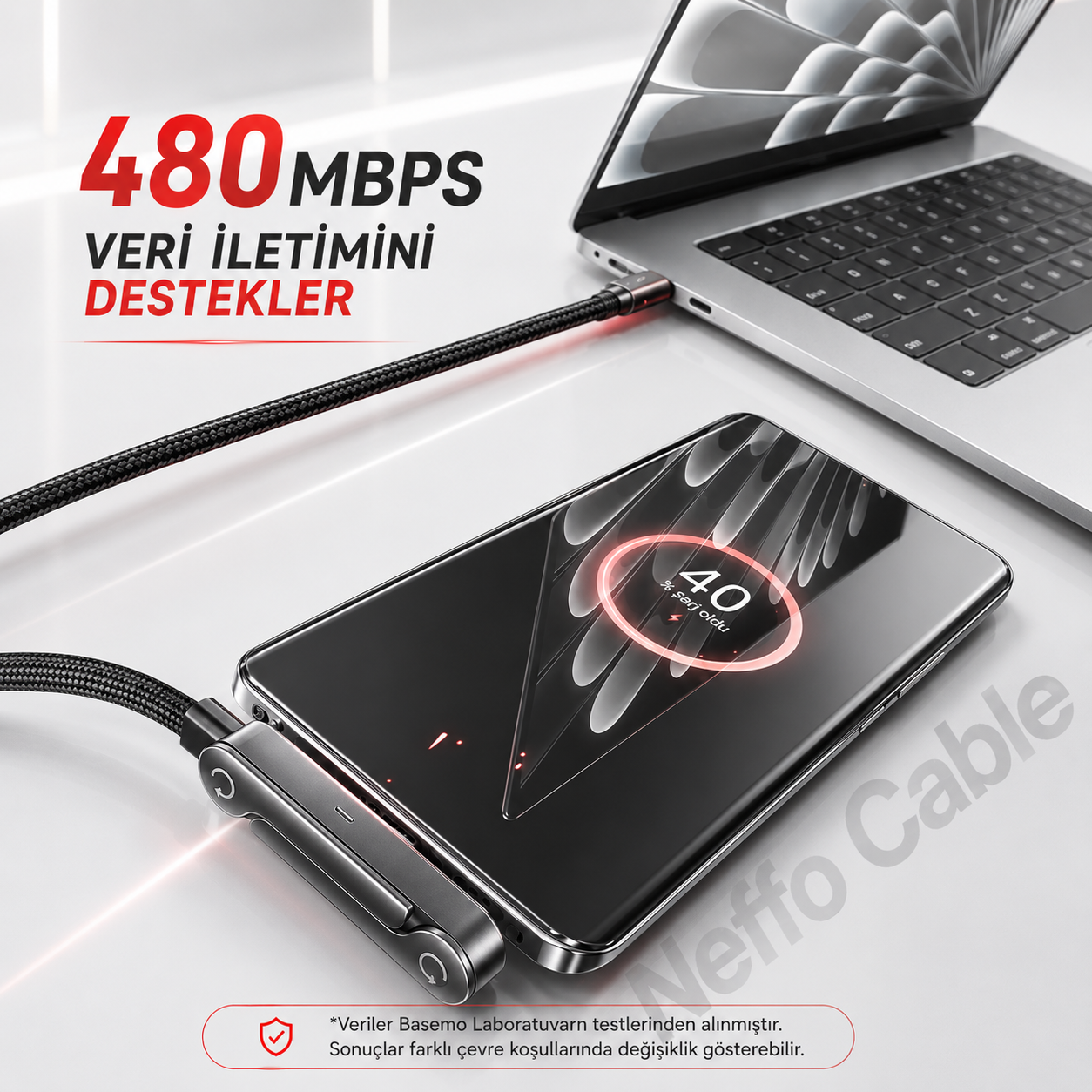 Neffo Cable 240W Hızlı Şarj ve Veri Kablosu | Katlanabilir Standlı, 90° Dirsekli, Oyun Dostu Type-C Kablo