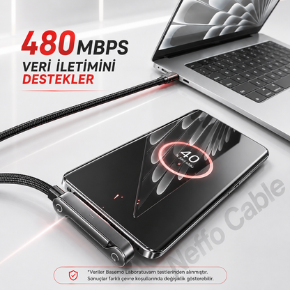 Neffo Cable 240W Hızlı Şarj ve Veri Kablosu | Katlanabilir Standlı, 90° Dirsekli, Oyun Dostu Type-C Kablo