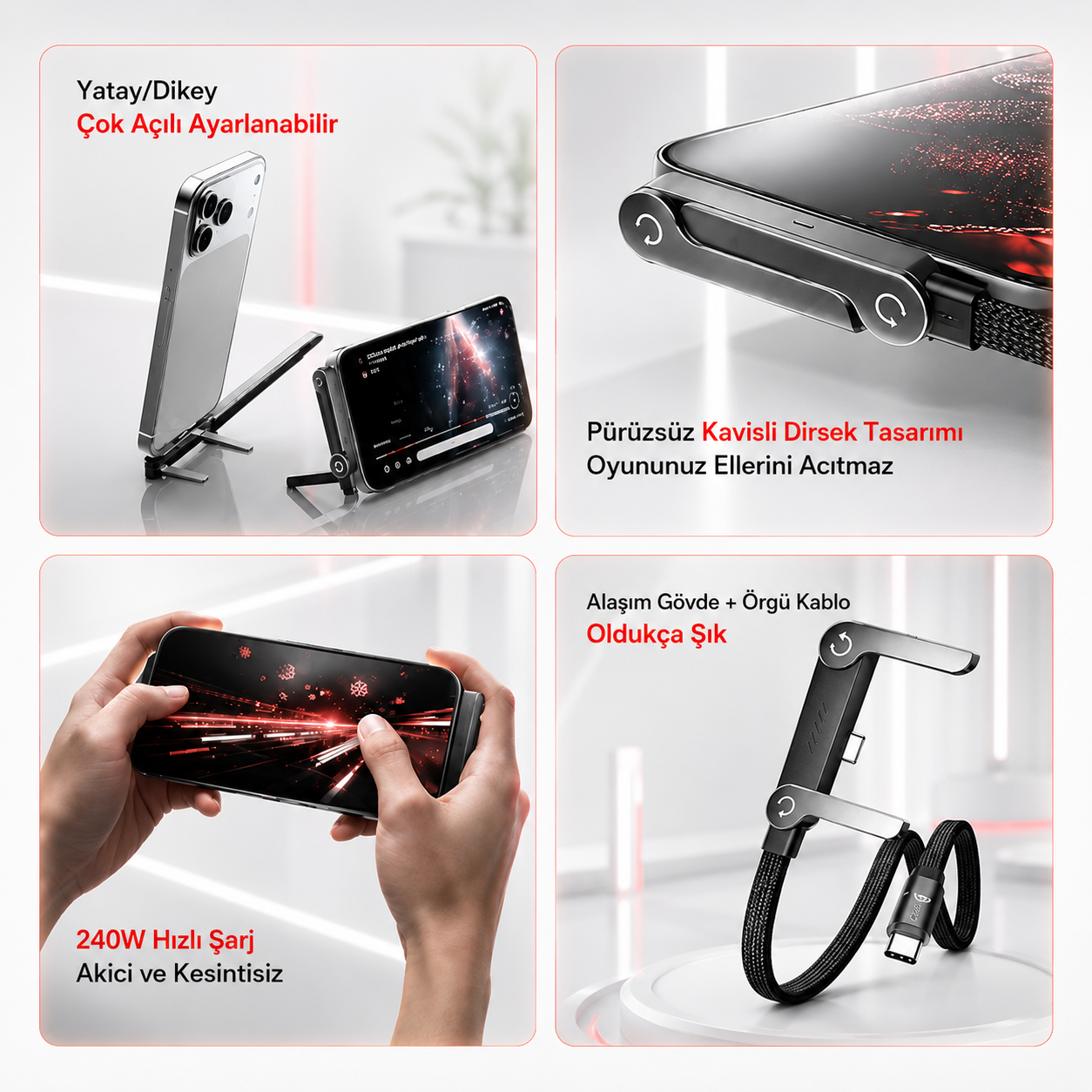 Neffo Cable 240W Hızlı Şarj ve Veri Kablosu | Katlanabilir Standlı, 90° Dirsekli, Oyun Dostu Type-C Kablo