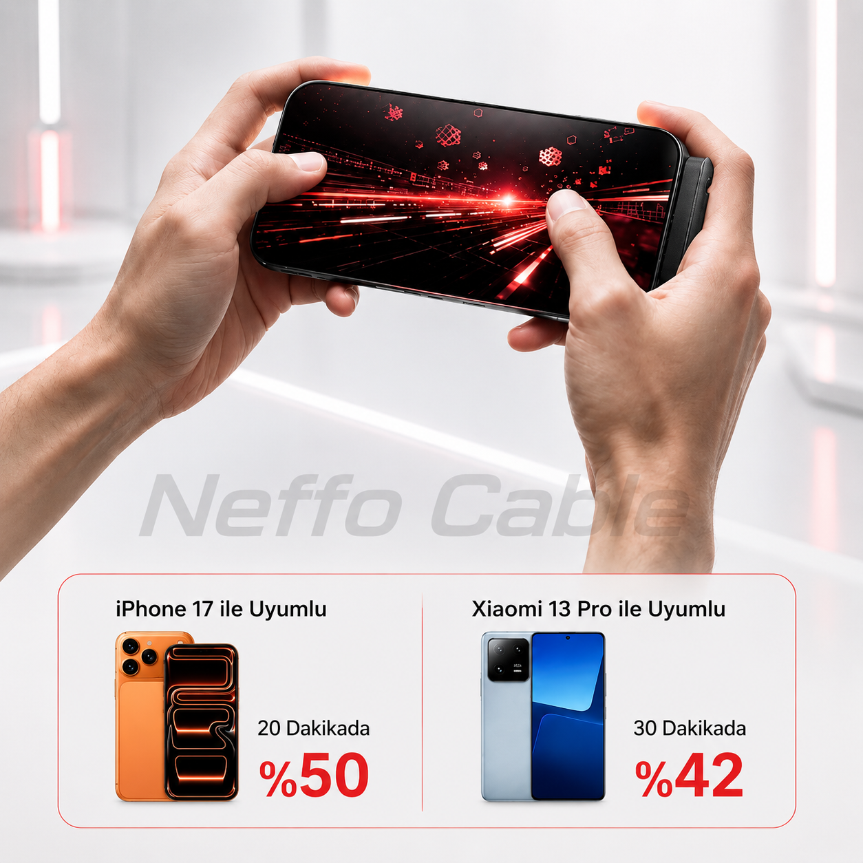 Neffo Cable 240W Hızlı Şarj ve Veri Kablosu | Katlanabilir Standlı, 90° Dirsekli, Oyun Dostu Type-C Kablo