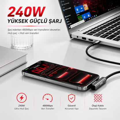 Neffo Cable 240W Hızlı Şarj ve Veri Kablosu | Katlanabilir Standlı, 90° Dirsekli, Oyun Dostu Type-C Kablo