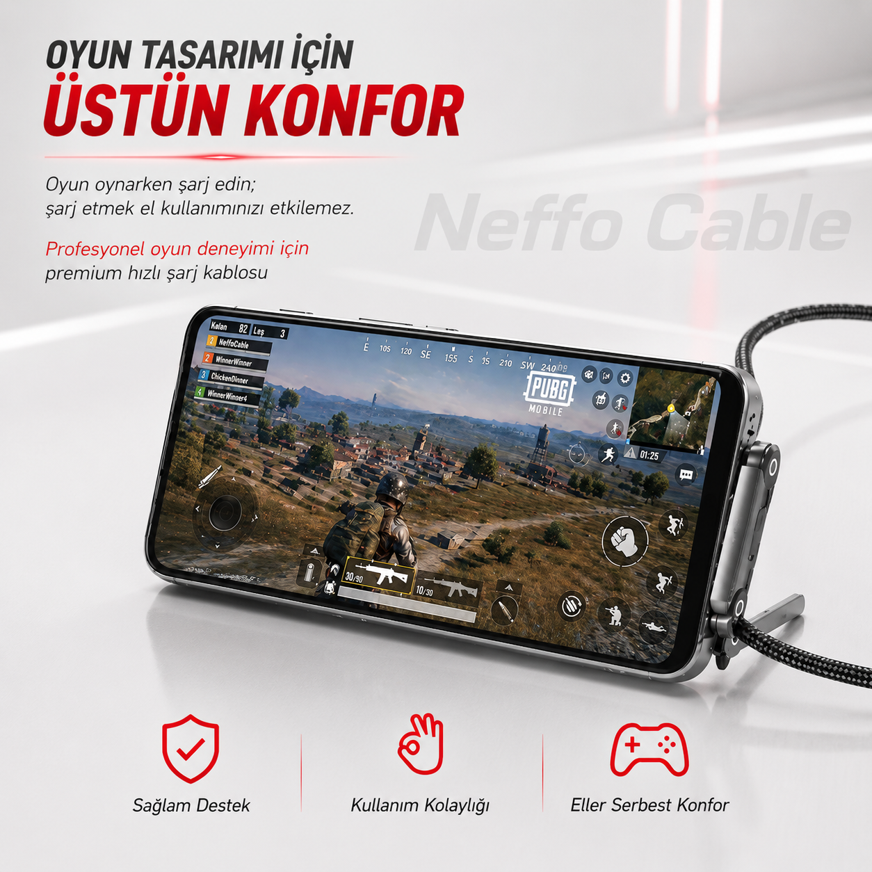 Neffo Cable 240W Hızlı Şarj ve Veri Kablosu | Katlanabilir Standlı, 90° Dirsekli, Oyun Dostu Type-C Kablo