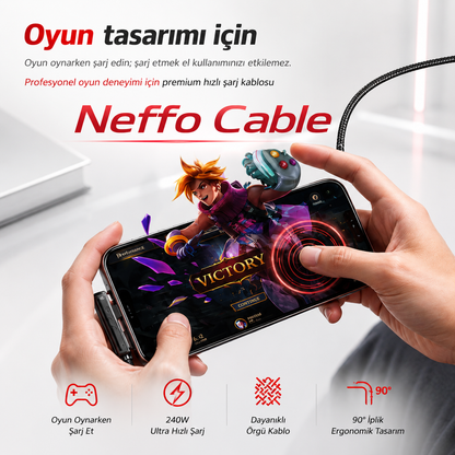 Neffo Cable 240W Hızlı Şarj ve Veri Kablosu | Katlanabilir Standlı, 90° Dirsekli, Oyun Dostu Type-C Kablo