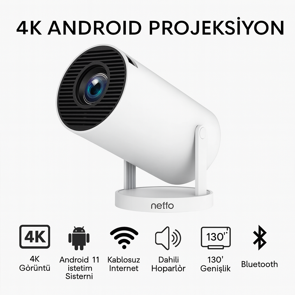 4K Android 11 Akıllı Projeksiyon Cihazı – WiFi Bluetooth 130” Mini Projektör