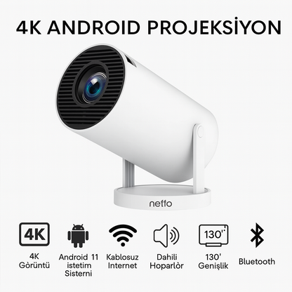 4K Android 11 Akıllı Projeksiyon Cihazı – WiFi Bluetooth 130” Mini Projektör